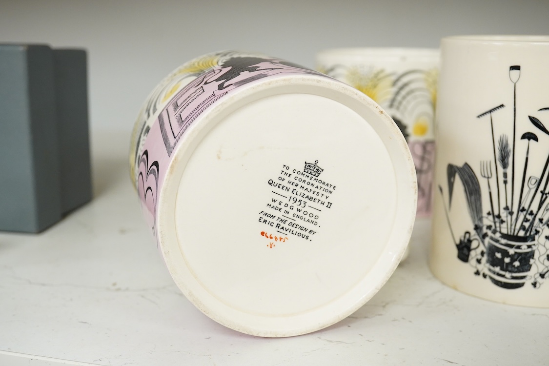 Six Wedgwood Commemorative mugs comprising Eric Ravilious 1953 Coronation of Queen Elizabeth examples and a 1939 Garden Implements example, largest 12cm high (four a.f)